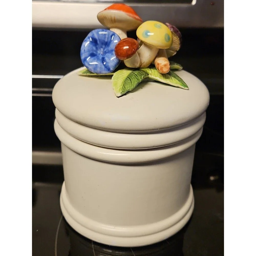 Vintage Arnart Ceramic Canister With Mushrooms Lid Medium Jar 5.5